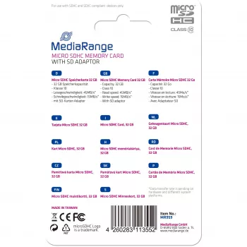 MICRO SDHC ATMINTIES KORTELĖ 32GB C10/S SU ADAPTERIU MR959 MEDIARANGE