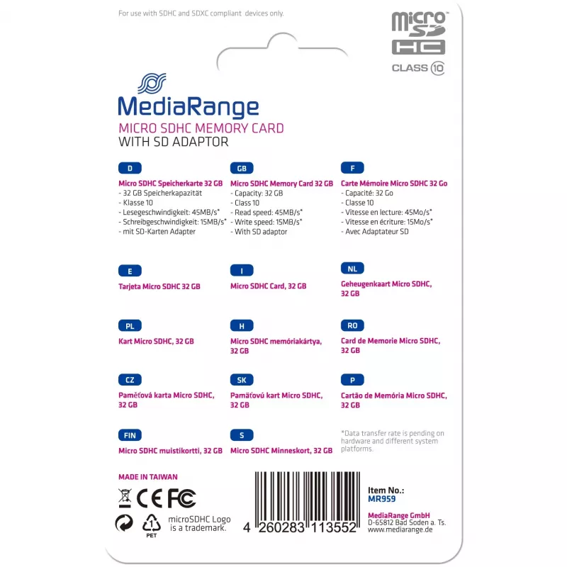 MICRO SDHC ATMINTIES KORTELĖ 32GB C10/S SU ADAPTERIU MR959 MEDIARANGE