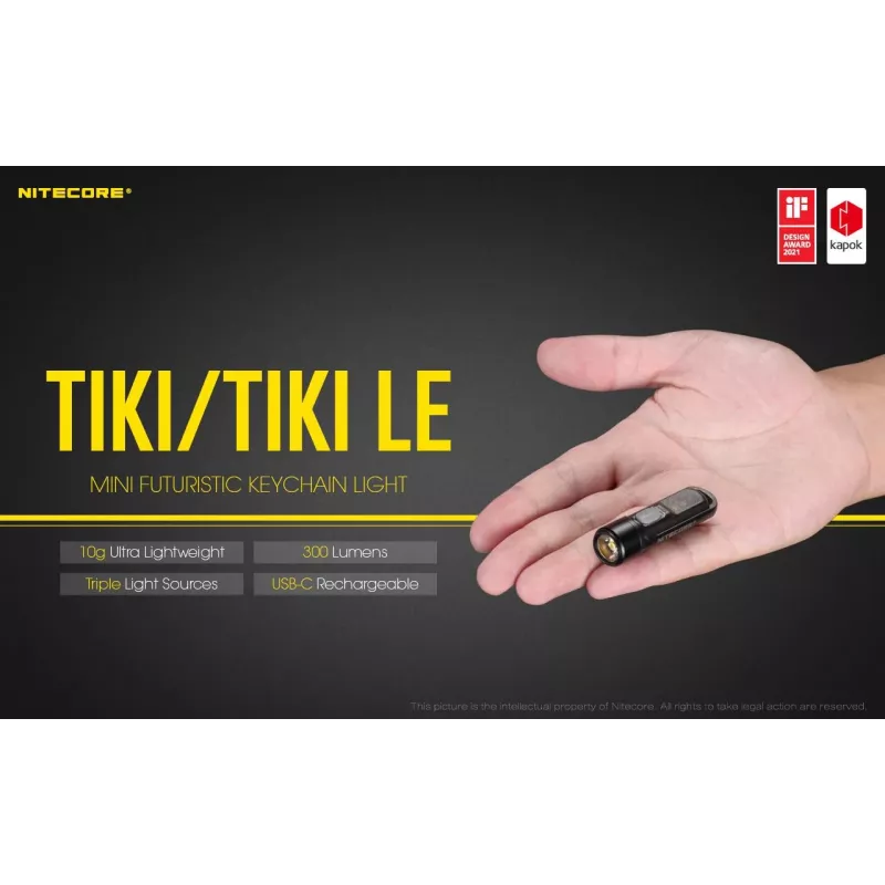 Rankinis žibintuvėlis Nitecore TIKI LE — 300 lm, USB-įkraunamas, polikarbonatas, IP66, atsparus smūgiams, 10,5 g, 55 mm, juodas