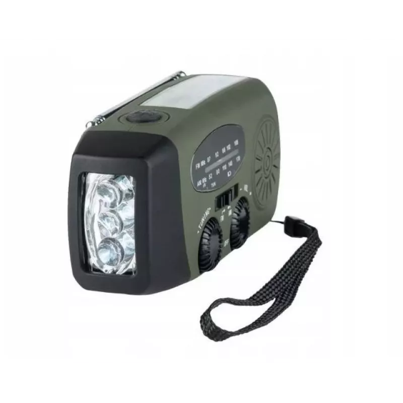 Nešiojamasis avarinis radijas FOSCO 464600 su LED žibintuvėliu, išorine baterija, FM, IPX3, saulės/rankine/USB-C įkrova – žalia/juoda