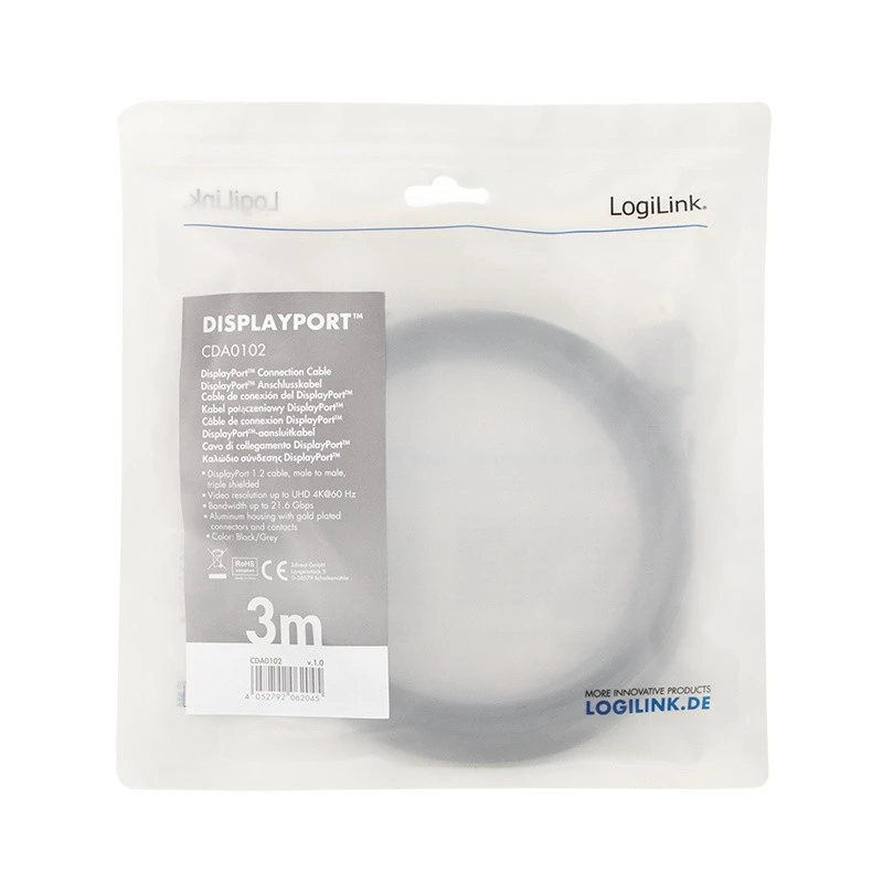 DisplayPort kabelis LogiLink CDA0102 3 m Pilka Juoda