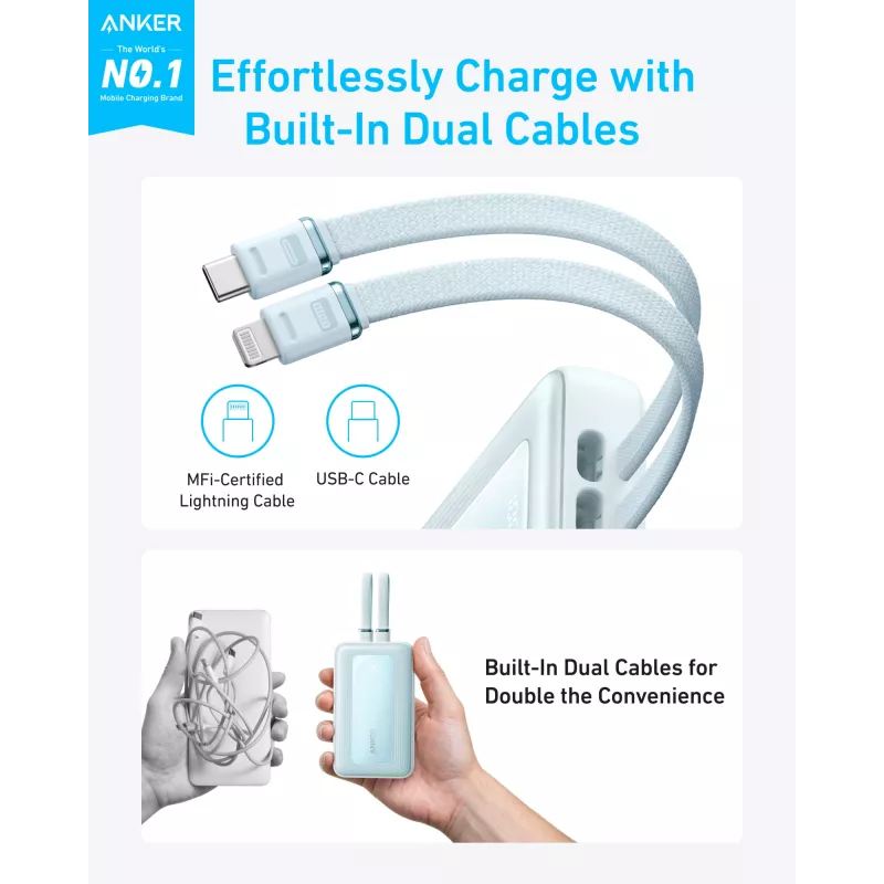 Anker Power Bank su įmontuotu USB-C ir + Lightning laidu | A1680031 | 10000 mAh | 30W | Mėlyna