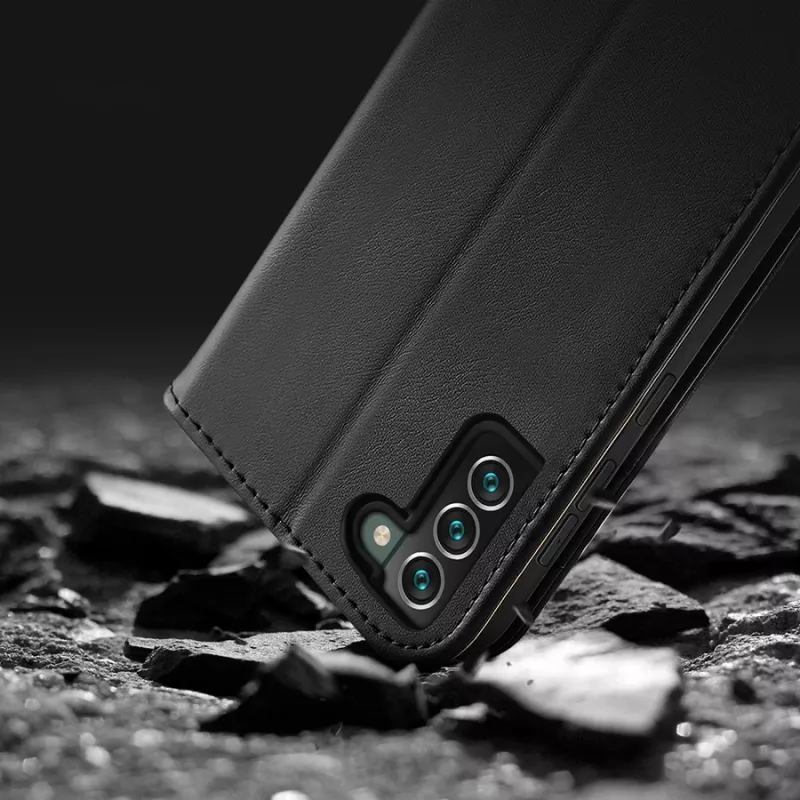 Dux Ducis Dux Ducis Hivo odinis dėklas su atvartu natūralios odos piniginė kortelėms ir dokumentams Samsung Galaxy S22+ (S22 Plus) juoda
