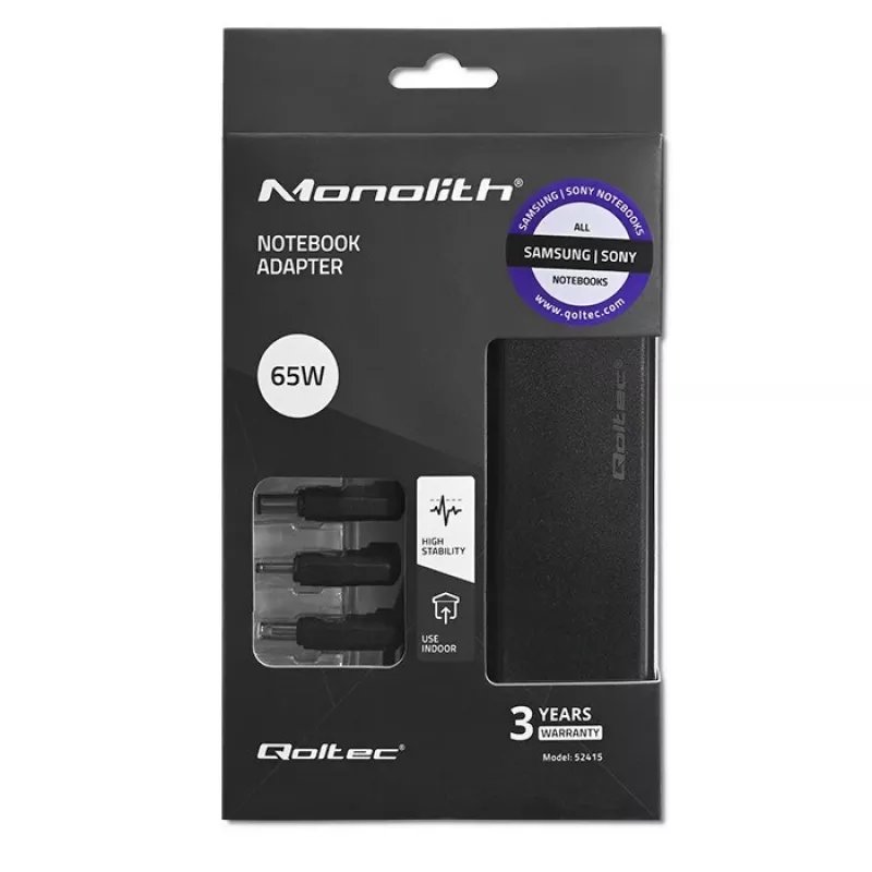 Qoltec 52415 maitinimo adapteris, skirtas Samsung Sony 65W | 3 kištukai | + maitinimo kabelis