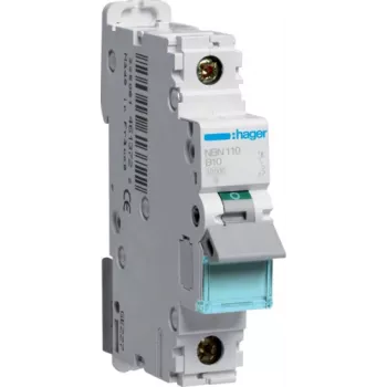 Hager NBN110. Vardinė srovė: 10 A. Tipas: B tipo, Modulių kiekis (maks.): 1 modulis. Plotis: 17,5 mm, Gylis: 70 mm, Aukštis: 83 mm (NBN110)