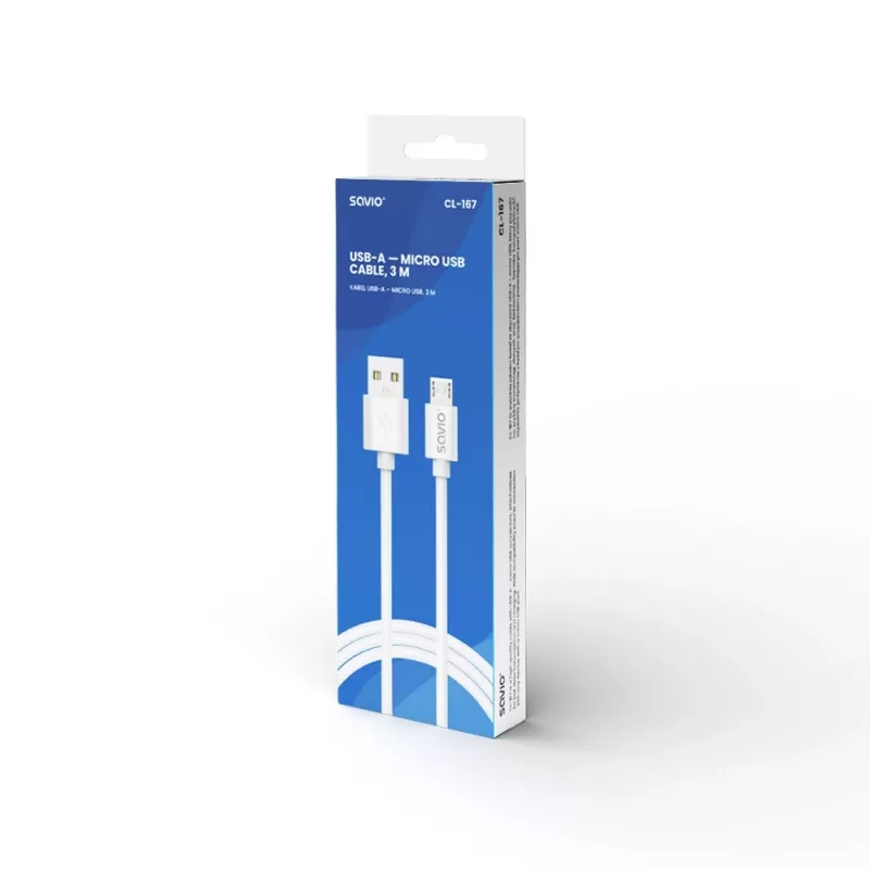 Savio USB 2.0 USB A - Micro USB White CL-167 3 m laidas