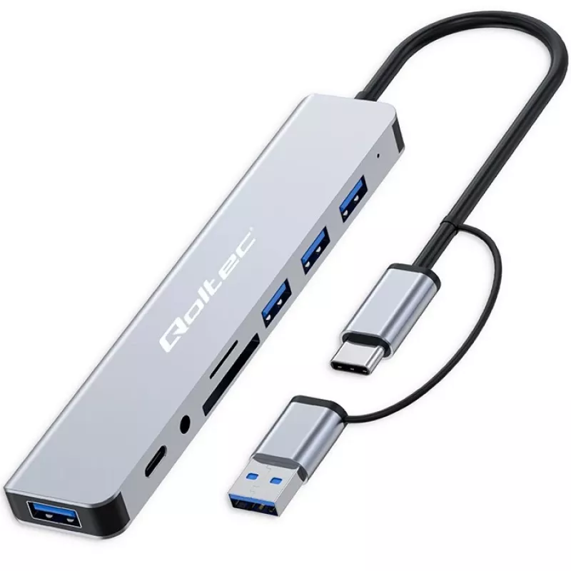 QOLTEC USB-C šakotuvas 4x USB + SD/TF kortelių skaitytuvas modelis 53794