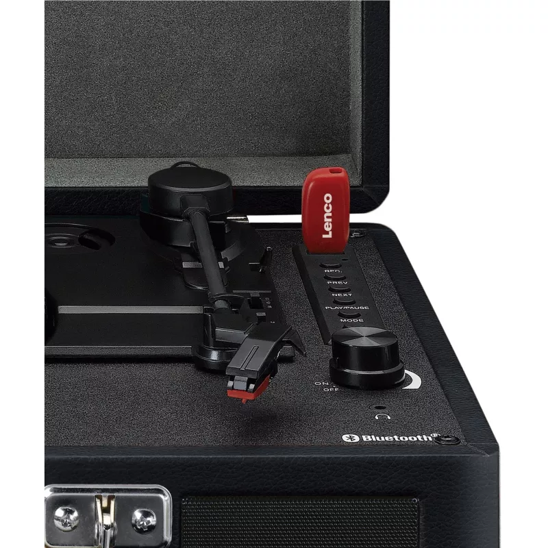 Pavarų diržu varomas patefonas Lenco TT-115 Black — nešiojamas lagamininis grotuvas, Bluetooth 5.0, USB įrašymas, 33/45/78 aps./min.
