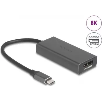 DELOCK 64316 vaizdo kabelio adapteris USB Type-C į HDMI + DisplayPort, 0,15 m, aliuminis, pilkas