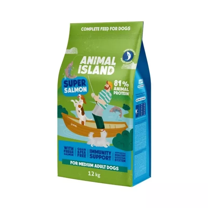Sausas šunų ėdalas Animal Island Adult Medium Salmon 12 kg — visavertis ėdalas vidutinių veislių šunims, 32% baltymų, 16% riebalų, be grūdų