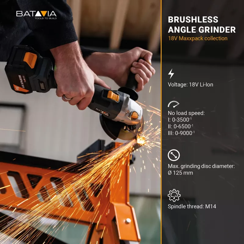 Batavia B.V. 18V belaidis bešepetėlis kampinis šlifuoklis | 125 mm