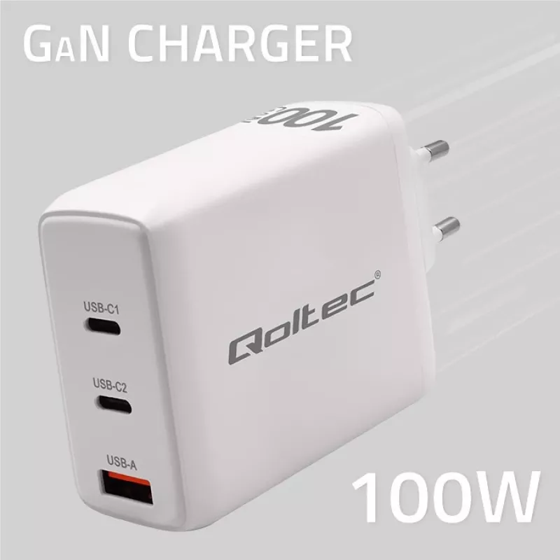Įkroviklis QOLTEC 100W GaN USB-C Dual PD 5–20V 1,5–5A, 2×USB-C