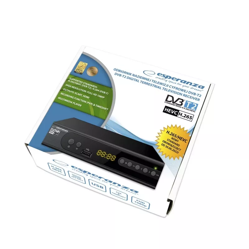 Televizoriaus priedėlis ESPERANZA EV106R kabelinis imtuvas DVB-T2 / DVB-C HEVC H.265, HDMI, USB, PVR, Dolby Digital, 174–790 MHz, juodas
