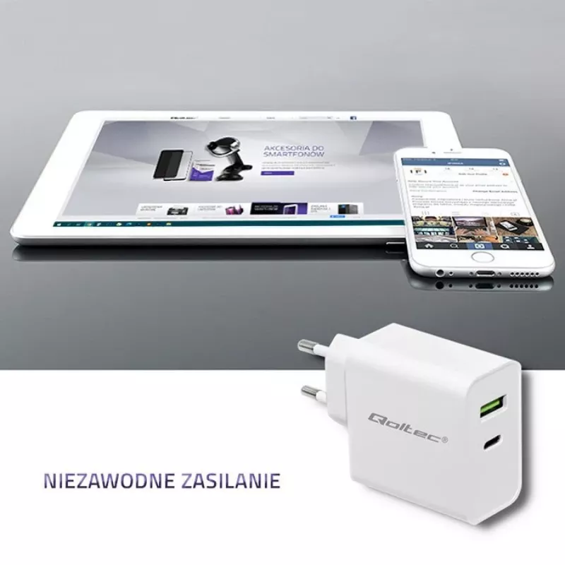 Qoltec 51718 įkroviklis | 45W | 5-20V | 2.4-3A | USB type C PD | USB | Balta