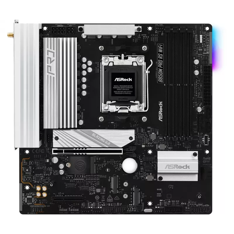 ASRock B850M Pro RS WiFi pagrindinė plokštė — AMD B850, Socket AM5, microATX, DDR5, 4 DIMM, 256GB, Wi‑Fi 6E, 2.5Gb LAN, 3x M.2