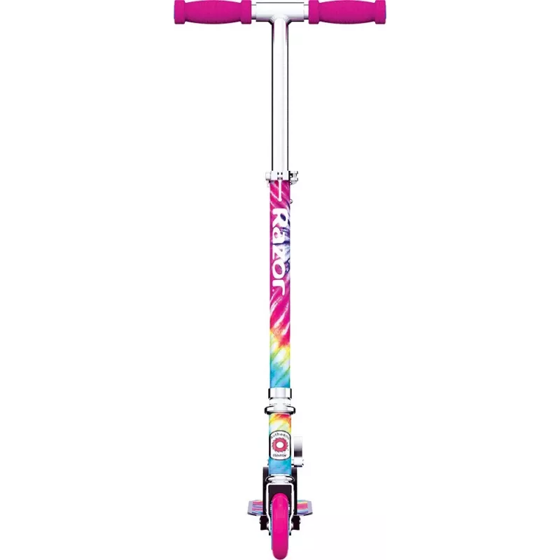 Vaikiškas paspirtukas Razor A Tie-Dye — aliuminis sulankstomas 2 ratų paspirtukas, reguliuojama vairo kolonėlė, ABEC-5, maksimali apkrova 65 kg