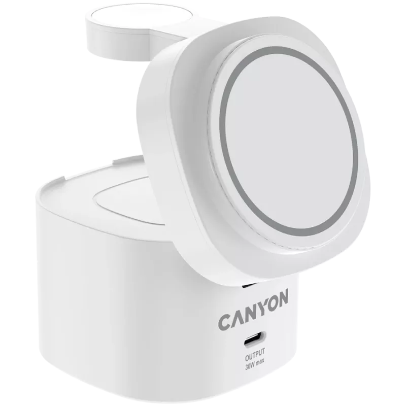 Canyon 4 viename belaidis įkrovimo stovas, 30W maks., dydis: 70x70x70,3 mm, svoris: 414 g, su 65W įkrovikliu ir 1 m laidu, baltas