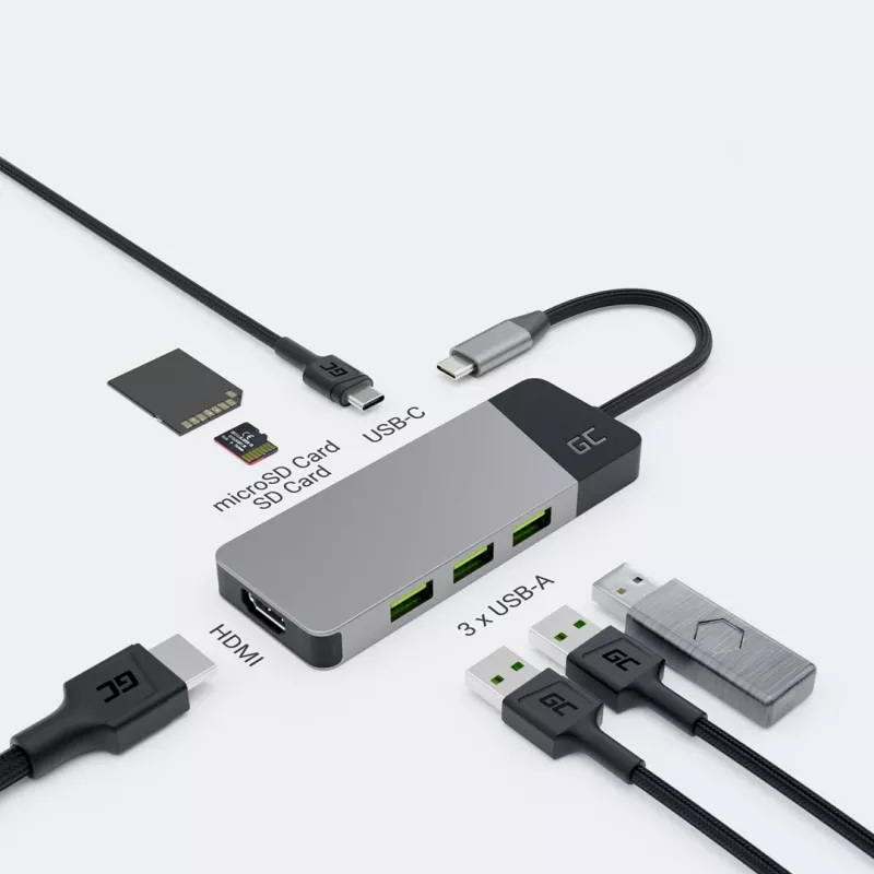 USB Type‑C šakotuvas Green Cell HUBGC01 — 7 prievadai: 3×USB‑A 3.2 Gen 1, 1×USB‑C 3.2 Gen 1, HDMI, microSD+SD kortelių skaitytuvas — sidabrinis