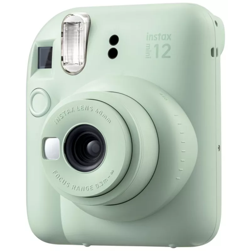 Momentinis fotoaparatas Fujifilm Instax Mini 12 žalia — nuotrauka 86x54 mm, juosta 62x46 mm, 60 mm židinio nuotolis