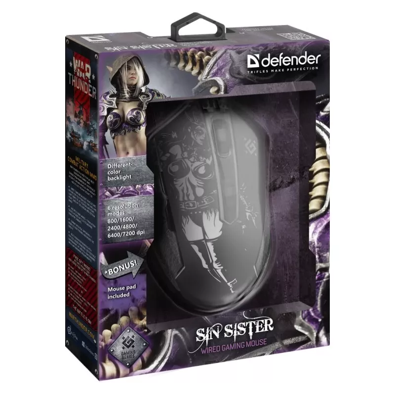 Žaidimų optinė laidinė pelė DEFENDER GM-933 SIN'SISTER 7200dpi 6P RGB