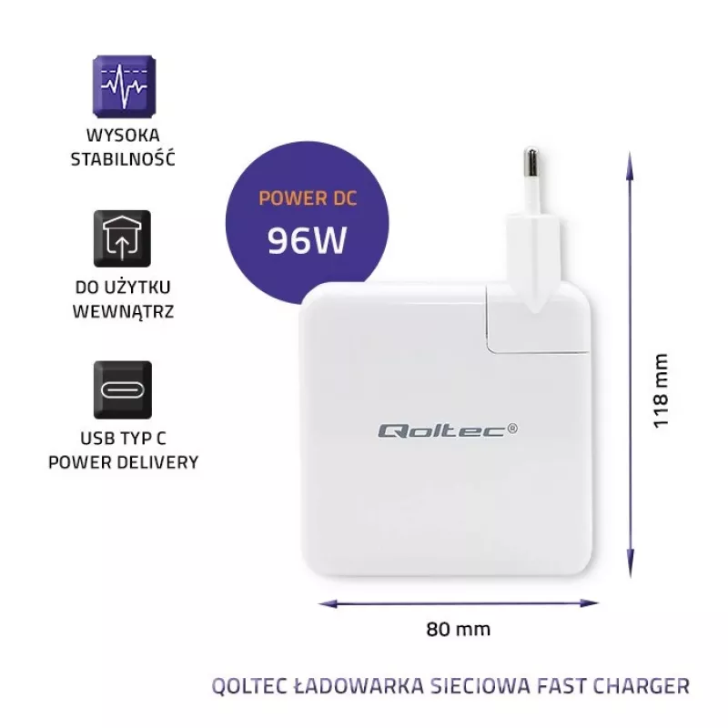 Maitinimo įkroviklis QOLTEC 51709, 96W USB-C PD, išėjimo diapazonas 5V–20V
