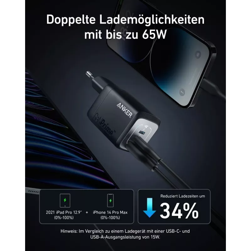 „Anker Prime A2669313“ patalpų USB greitojo įkrovimo įkroviklis — 67 W, 1×USB-A, 2×USB-C, juodas