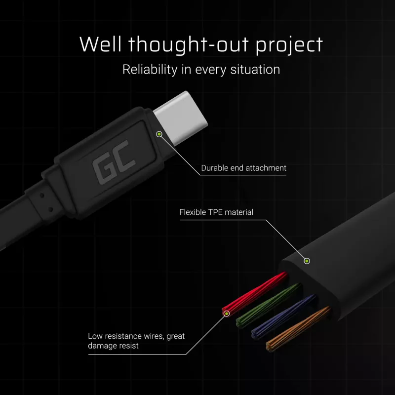 USB A į USB C kabelis Green Cell KABGC03 — 0,25 m, juodas, 480 Mbit/s