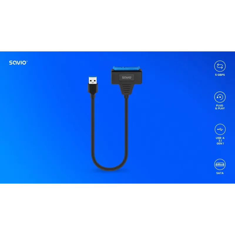 SAVIO SATA į USB 3.1 Gen 1 sąsajos kabelis AK-68, SATA lizdas į USB-A kištuką, 5 Gbit/s, 0,25 m, juodas