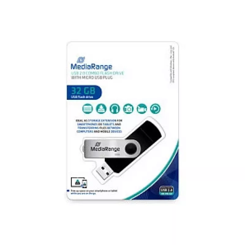 MediaRange MR932 – USB atmintinė – 32 GB – USB 2.0 / mikro USB – juoda/sidabrinė (MR932-2)