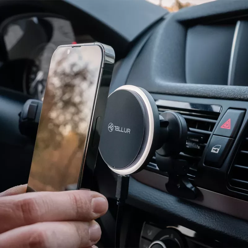 Belaidis automobilinis įkroviklis Tellur TLL151431, suderinamas su MagSafe, 15 W, juodas, išmaniesiems telefonams