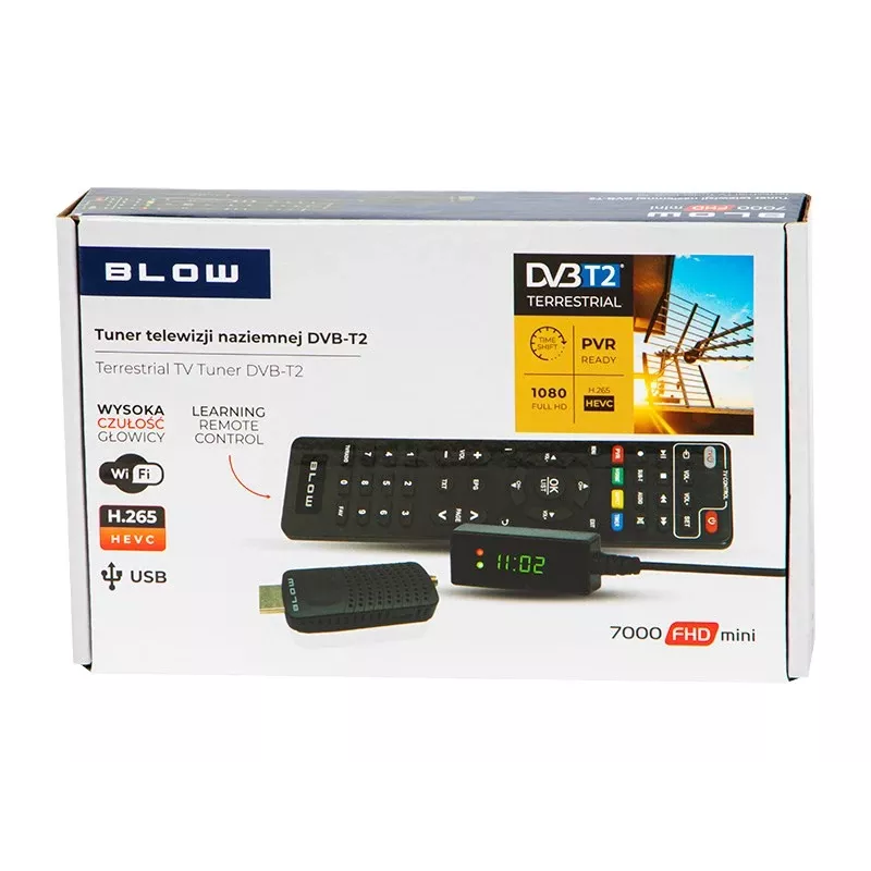 DVB-T2 imtuvas BLOW 7000FHD MINI H.265 — kompaktiškas antžeminės televizijos priedėlis, HDMI, USB, S/PDIF, garso L/R, teletekstas