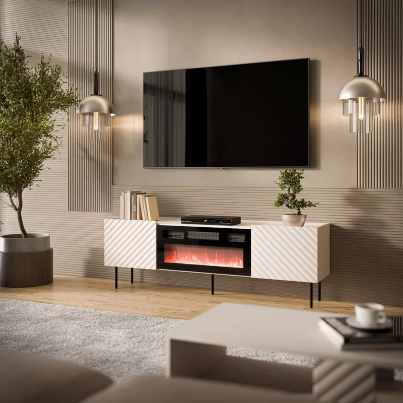 TV spintelė cama meble LUCCA 180x40x59 cm, viršus kašmyro spalvos, juodas židinys