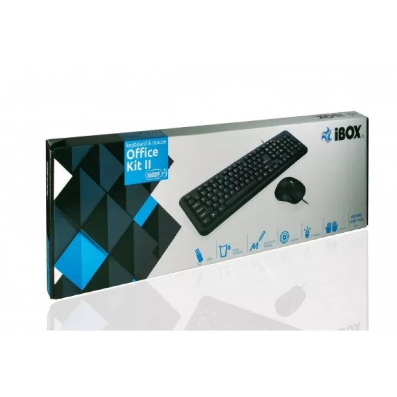 iBox OFFICE KIT II klaviatūra, pelė įtraukta, USB, QWERTY, anglų, juoda