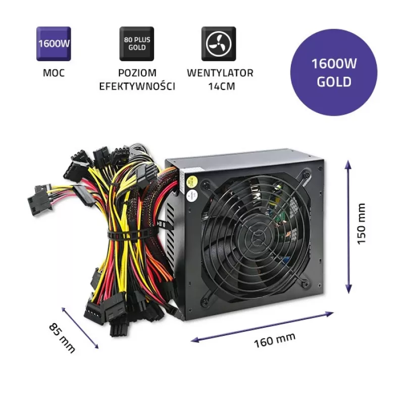 Maitinimo blokas QOLTEC Gaming Miner 1600W Gold, 1600 W, ATX, auksinis efektyvumas