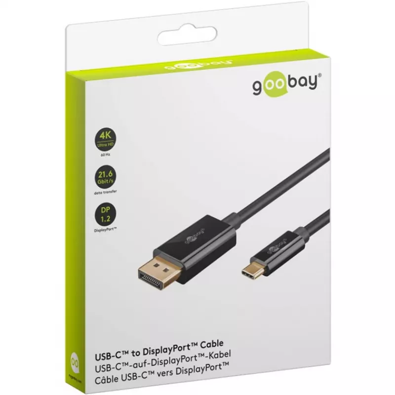 Goobay USB-C į DisplayPort kabelis - paauksuotos jungtys, Ultra HD raiška iki 4k @ 60Hz, C tipo Thunderbolt 3/4 į DP adapteris, suderinamas su