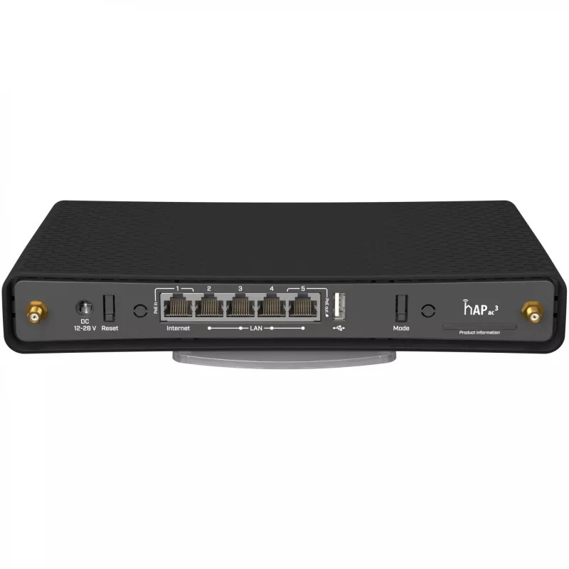 Stalinis maršrutizatorius MikroTik hAP ac³ Dviejų juostų Wi‑Fi 5, Qualcomm IPQ4019 719 MHz, 5x Gigabit RJ‑45, 1x USB, PoE, 2 išorinės antenos, juodas