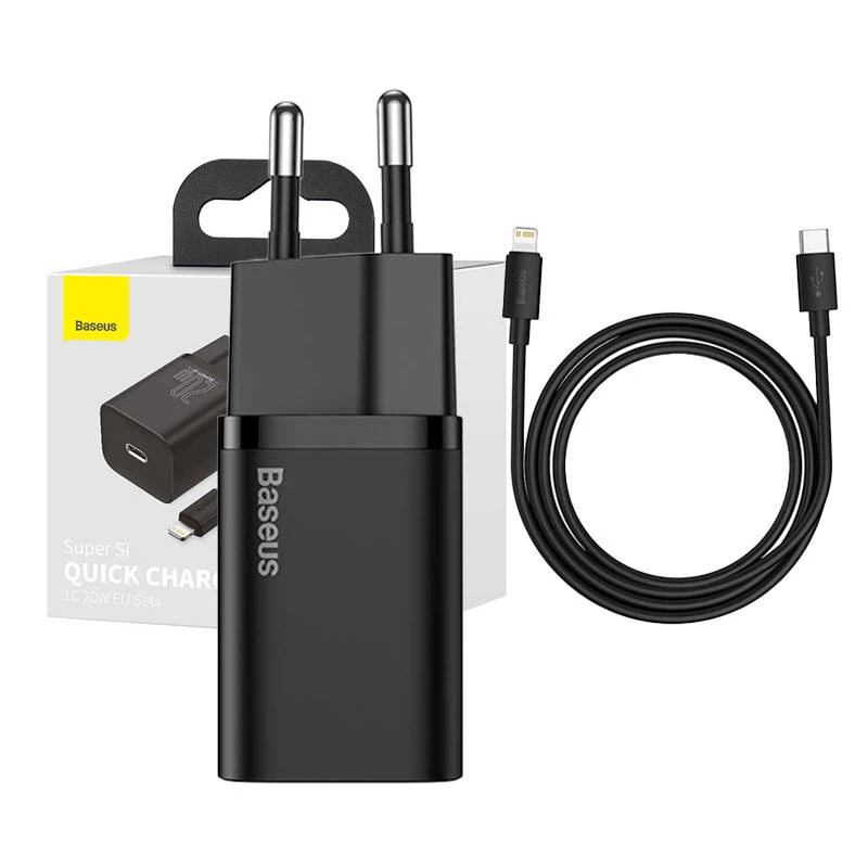 Baseus Super Si greitasis įkroviklis 1C 20W su USB-C laidu, skirtu Lightning, 1 m (juodas)