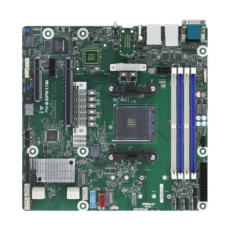 Motininė plokštė ASRock X570D4U Micro ATX — AMD X570, Socket AM4, 4× DIMM, DDR4, max 32 GB, 12× SATA III, 3× RJ-45