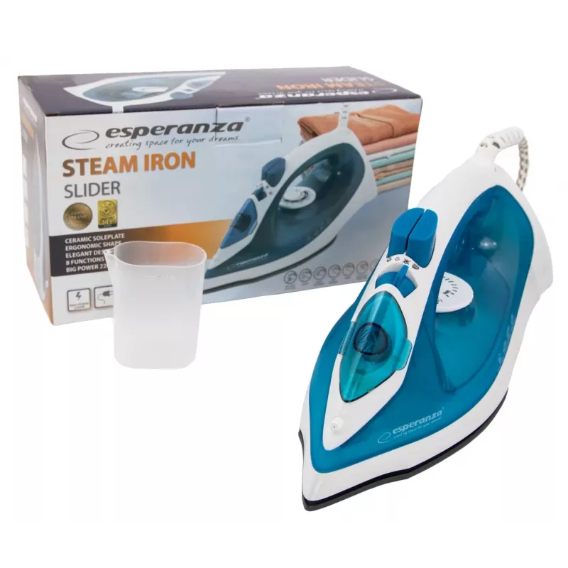 Garinis lygintuvas ESPERANZA EHI002 — 2200 W, keraminis padas, vertikalus garinimas, 0,815 kg, baltas/mėlynas