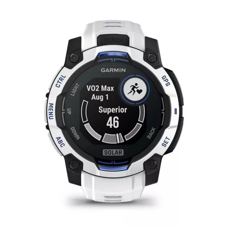 Išmanusis laikrodis GARMIN Instinct 2 45 mm, MIP 0,9 colio (176×176), GPS, saulės energija, silikoninis dirželis mėlynas/baltas