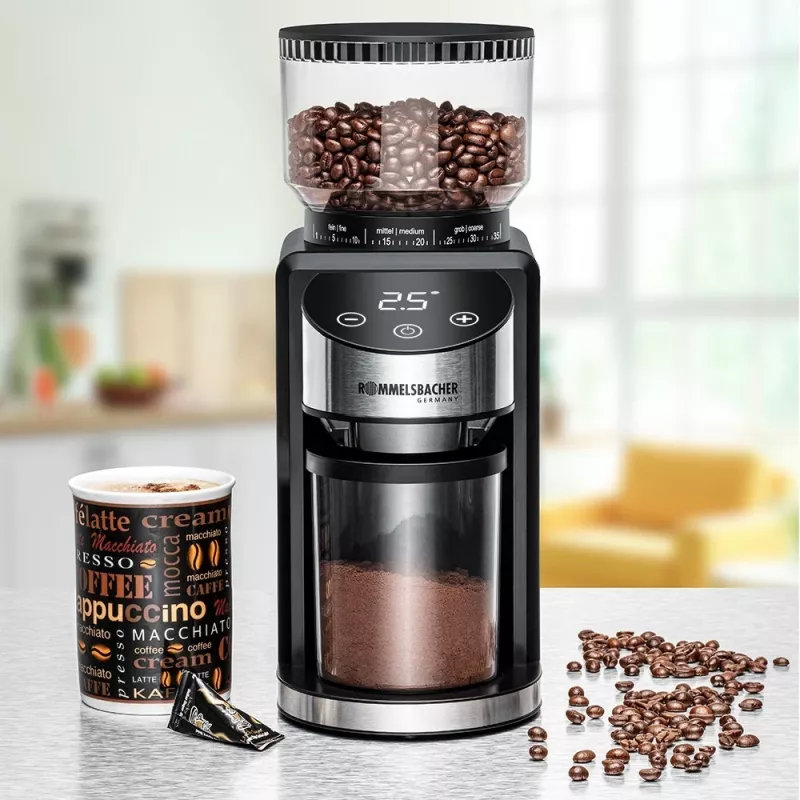 Burr grinder Rommelsbacher EKM 400 — kūginės nerūdijančio plieno malimo girnos, 35 malimo lygiai, 12 dozių, 130 g talpykla