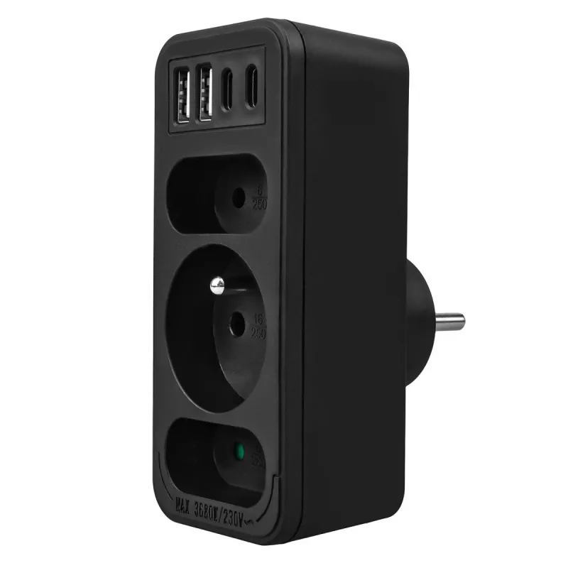 Maitinimo skirstytuvas MACLEAN MCE248 F/B — 3 kintamosios srovės lizdai (1x16A, 2x6A) ir 4 USB prievadai (2xUSB‑A, 2xUSB‑C PD 20W), ES kištukas, juodas