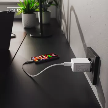 Kintamosios srovės USB įkroviklis DIGITUS 20 W, 1x USB-C, 1x USB-A, įvestis 100–240 V, baltas
