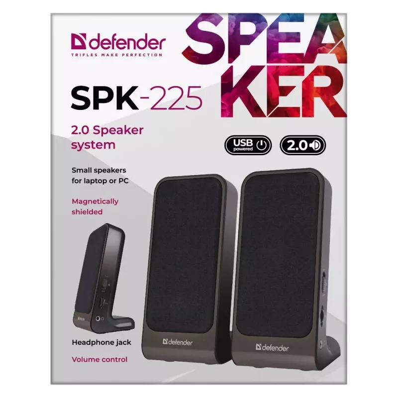 DEFENDER SPK-225 laidinės 2.0 garsiakalbiai, 4 W RMS, USB/DC 5 V, 3,5 mm, juodi