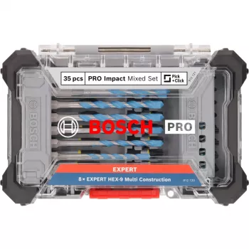 Smūginis grąžtų ir antgalių rinkinys Bosch PRO 35 vnt. 2608522518 — įvairūs grąžtai ir suktuvų antgaliai metalui, medžiui, mūrui