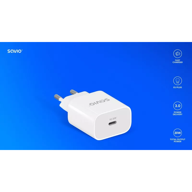 sieninis Charger 20W LA-09 USB-c Qc, Pd 3.0 Savio SAVLA-09