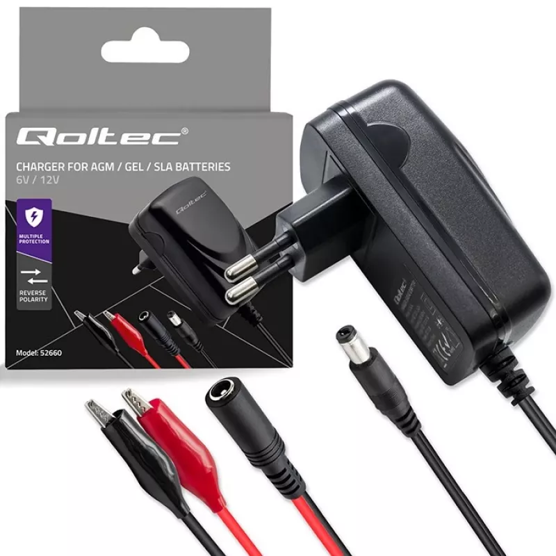 Baterijos įkroviklis QOLTEC modelis 52660 — 6V/12V, 6W įkrovimo blokas