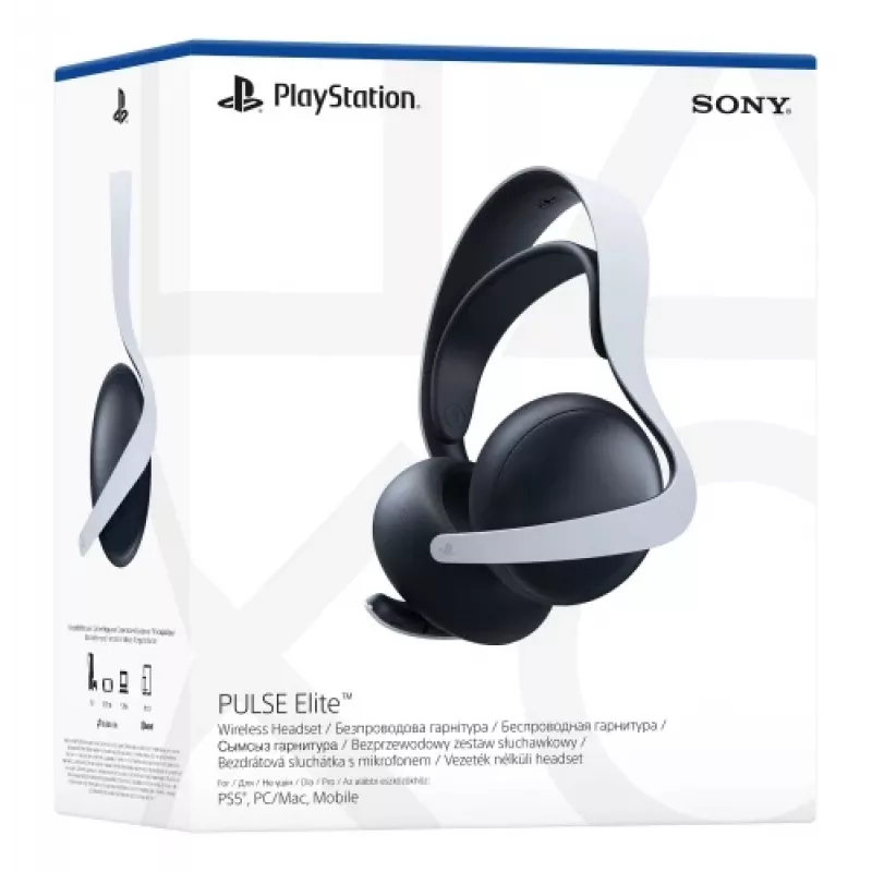 Sony PULSE Elite ausinės, laidinės ir belaidės, ant galvos, žaidimams, Bluetooth, įkrovimo stovas, juodos, baltos
