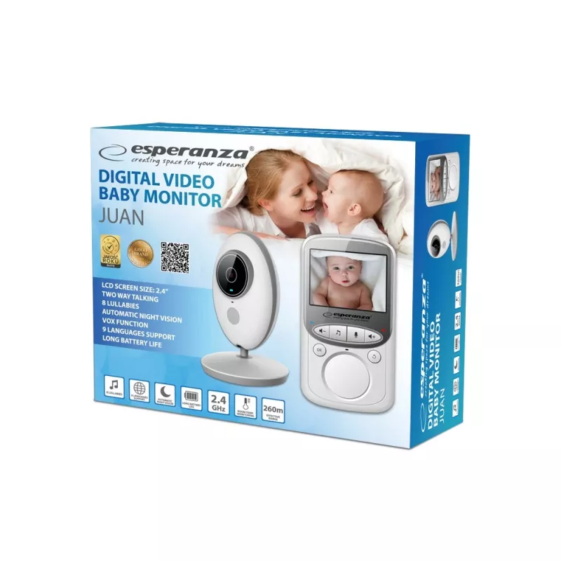Vaizdo kūdikio monitorius ESPERANZA EHM003 — 2,4 colio LCD, 640×480, naktinis matymas 5 m, temperatūros jutiklis, dvipusis garsas, LiPo 750 mAh, veikimo atstumas iki 50 m