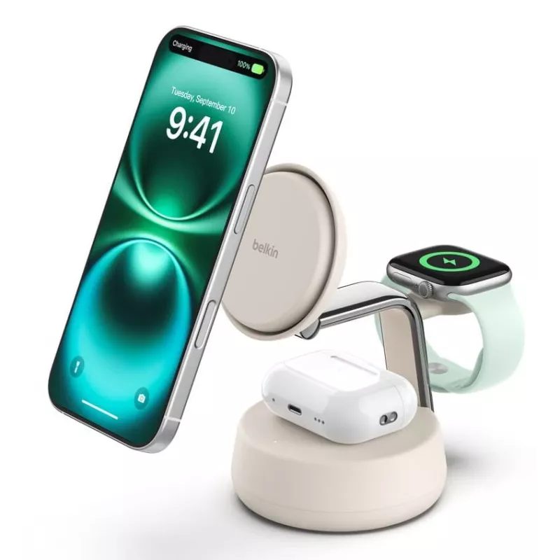 Belaidis USB įkroviklis Belkin Qi2 WIZ040KQSD — 25 W, USB maitinimas, 1,5 m laidas, baltas, skirtas išmaniajam telefonui, išmaniajam laikrodžiui, ausinėms, kūno rengybos stebėjimo prietaisui